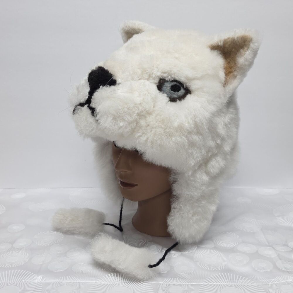 Alpaca Fur White Wild Cat Head Ear Flap Hat Soft Lined Winter Cozy Costume